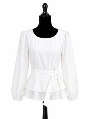 Aiweiyi White Solid Long Sleeve Scoop Neck Ruffle Pullover Blouse Maternity S